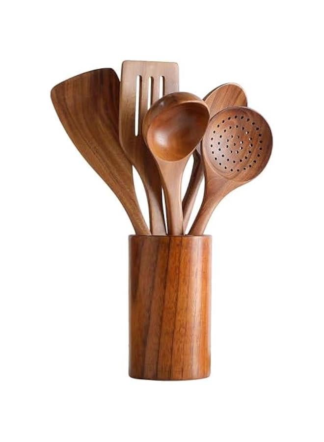 HOOKOR Wooden Spoons for Cooking, 6 Pcs Wooden Utensils for Cooking with Utensils Holder, Wood Spatula for Cooking Natural Teak Wood Kitchen Utensil Set Comfort Grip Cooking Utensils Set for Kitchen  - Image 5