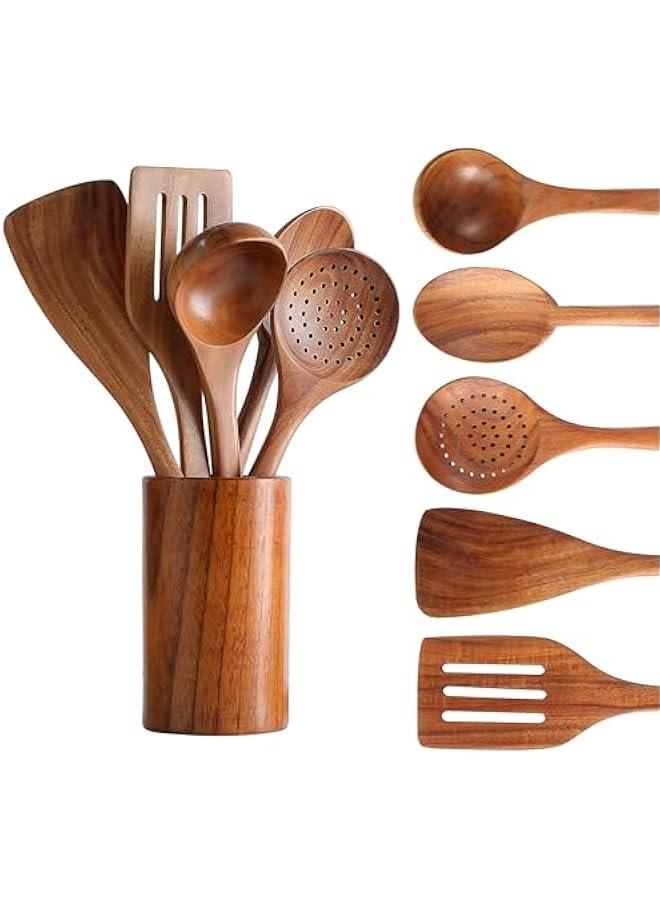 HOOKOR Wooden Spoons for Cooking, 6 Pcs Wooden Utensils for Cooking with Utensils Holder, Wood Spatula for Cooking Natural Teak Wood Kitchen Utensil Set Comfort Grip Cooking Utensils Set for Kitchen  - Image 1
