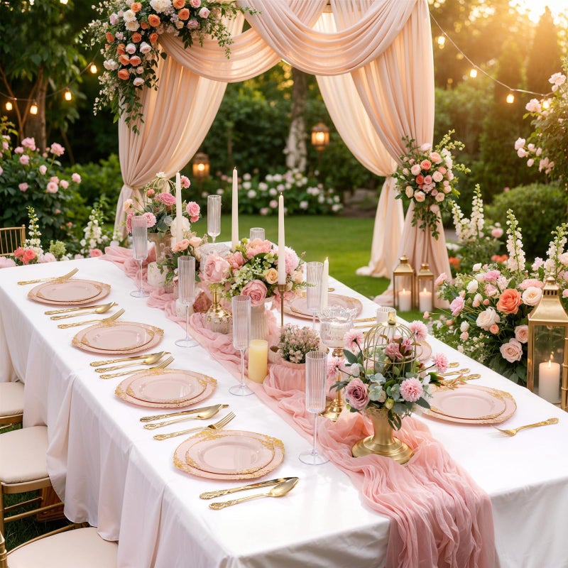 Joyido 102PCS Pink Plastic Plates - Pink and Gold Plate - Heavyweight Disposable Plate with Gold Rim - Fancy Dinner & Dessert Plates for 51 Guests Weddings & Parties - Image 5