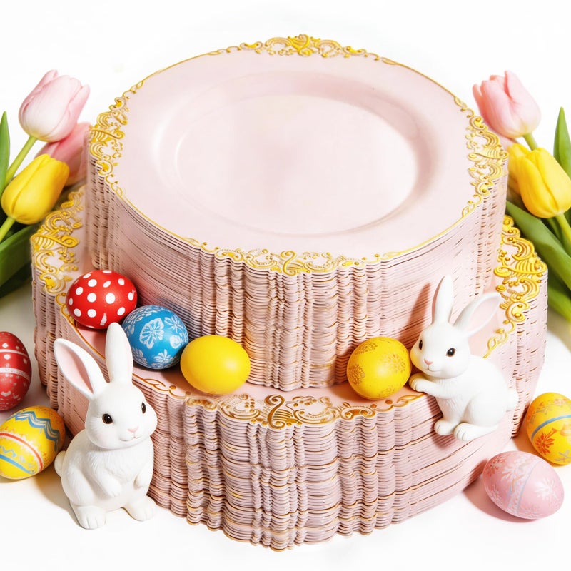 Joyido 102PCS Pink Plastic Plates - Pink and Gold Plate - Heavyweight Disposable Plate with Gold Rim - Fancy Dinner & Dessert Plates for 51 Guests Weddings & Parties - Image 1