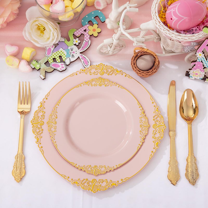 Joyido 102PCS Pink Plastic Plates - Pink and Gold Plate - Heavyweight Disposable Plate with Gold Rim - Fancy Dinner & Dessert Plates for 51 Guests Weddings & Parties - Image 2