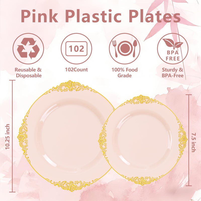 Joyido 102PCS Pink Plastic Plates - Pink and Gold Plate - Heavyweight Disposable Plate with Gold Rim - Fancy Dinner & Dessert Plates for 51 Guests Weddings & Parties - Image 3