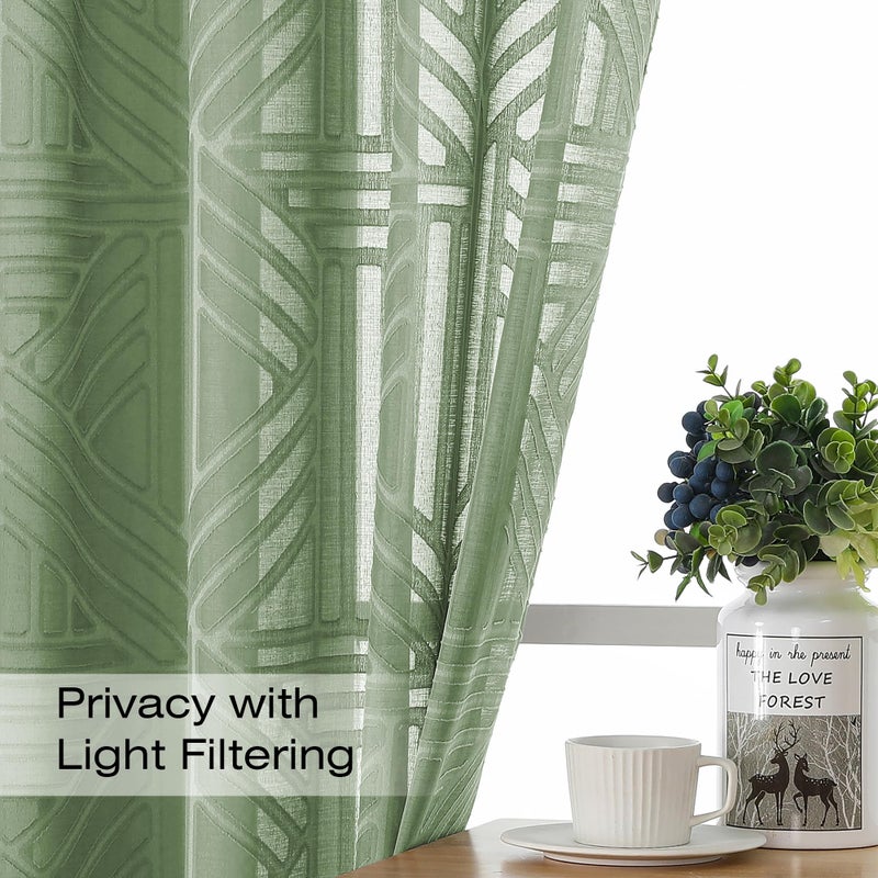 Simplebrand Sage Green Sheer 36 Inch Tier Curtains 2 Panels, Light Filtering Geometric Jacquard Clip Textured Semi Sheer Curtains for Bathroom, 42x36 inch - Image 2