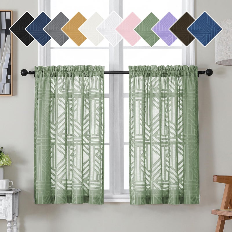 Simplebrand Sage Green Sheer 36 Inch Tier Curtains 2 Panels, Light Filtering Geometric Jacquard Clip Textured Semi Sheer Curtains for Bathroom, 42x36 inch - Image 1