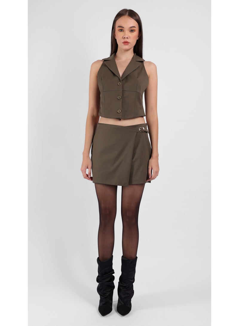 KYVELi Women’s Two-Piece Set – Sleeveless Buttoned Vest Top & Wrap Mini Short with Buckle – Olive - Image 2