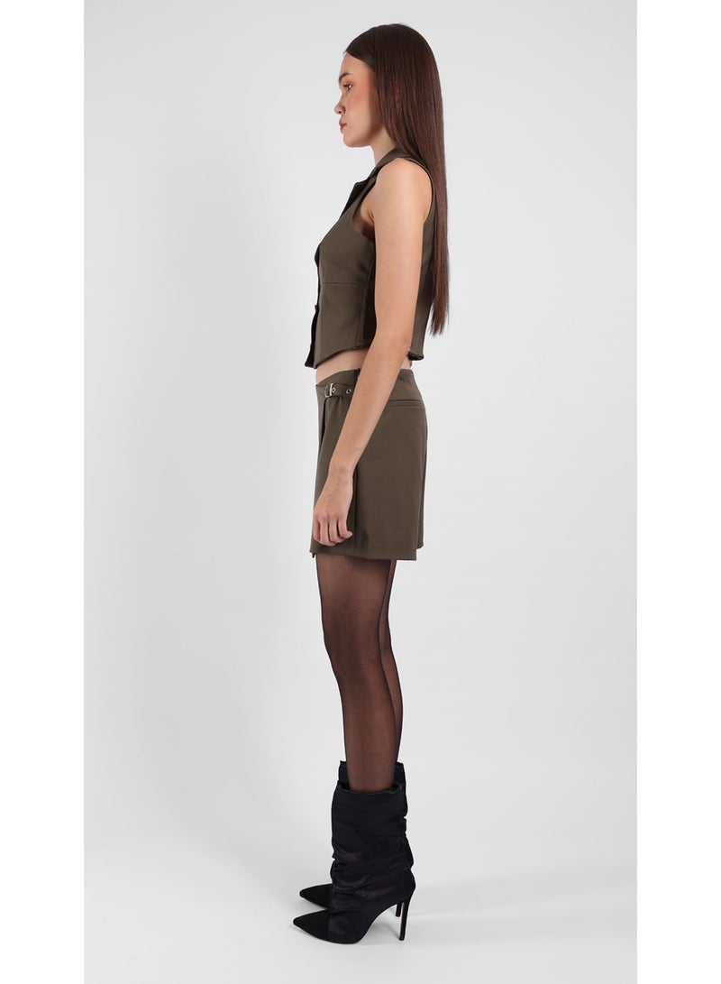 KYVELi Women’s Two-Piece Set – Sleeveless Buttoned Vest Top & Wrap Mini Short with Buckle – Olive - Image 4