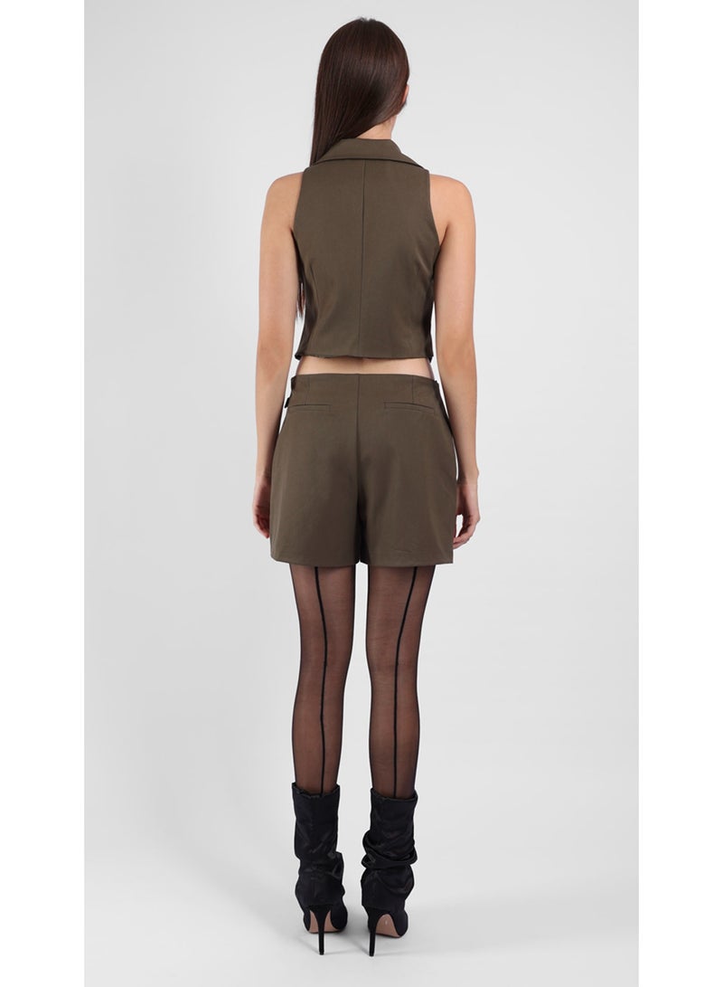 KYVELi Women’s Two-Piece Set – Sleeveless Buttoned Vest Top & Wrap Mini Short with Buckle – Olive - Image 5