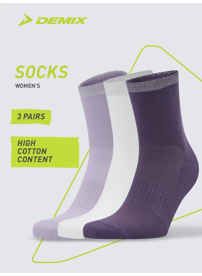 Demix Fitness Socks (3 Pairs), Purple/White, Women's, Comfortable & Stylish, High-Quality Cotton, Ideal for Fitness & Training - Image 2