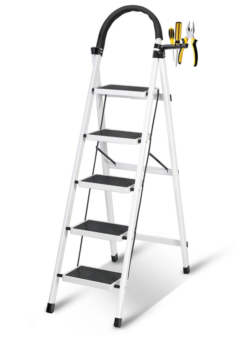SKY-TOUCH - Foldable Ladder 5 Steps, Home Ladder Folding Step Stool with Wide Anti-Slip Pedal, and Adults Folding Sturdy Steel Ladder for Home,Kitchen, Garden, and Office White - Image 1