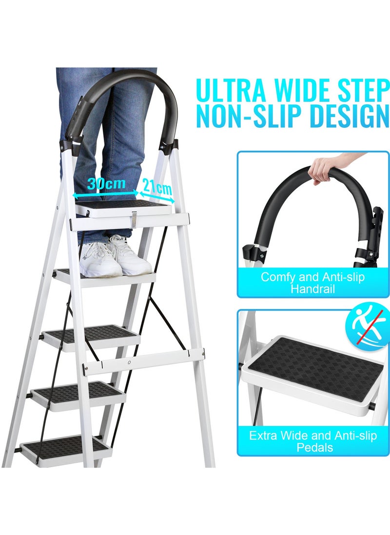 SKY-TOUCH - Foldable Ladder 5 Steps, Home Ladder Folding Step Stool with Wide Anti-Slip Pedal, and Adults Folding Sturdy Steel Ladder for Home,Kitchen, Garden, and Office White - Image 1
