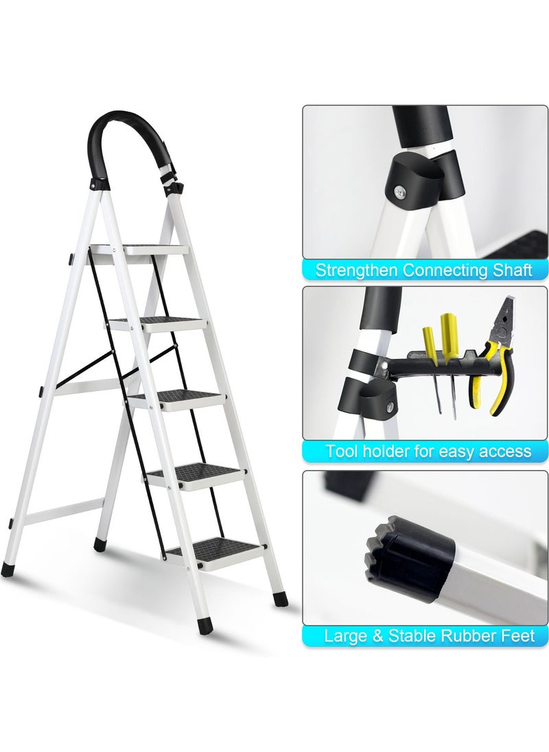 SKY-TOUCH - Foldable Ladder 5 Steps, Home Ladder Folding Step Stool with Wide Anti-Slip Pedal, and Adults Folding Sturdy Steel Ladder for Home,Kitchen, Garden, and Office White - Image 1
