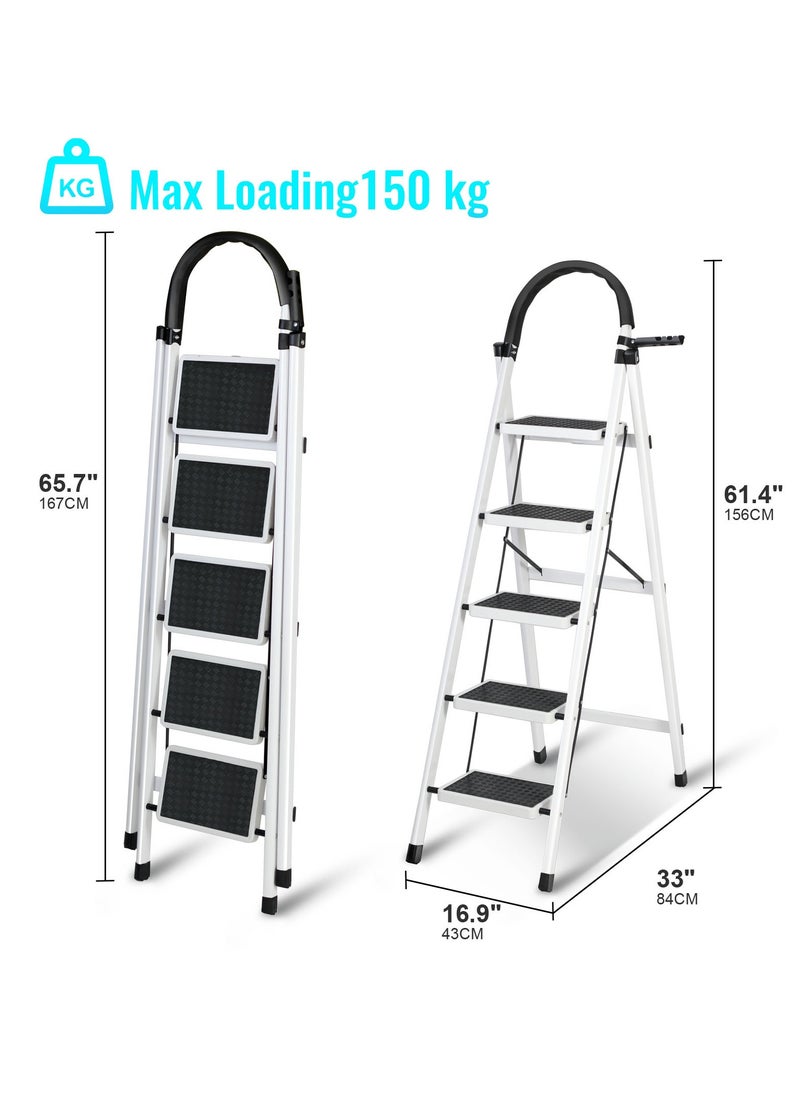 SKY-TOUCH - Foldable Ladder 5 Steps, Home Ladder Folding Step Stool with Wide Anti-Slip Pedal, and Adults Folding Sturdy Steel Ladder for Home,Kitchen, Garden, and Office White - Image 1
