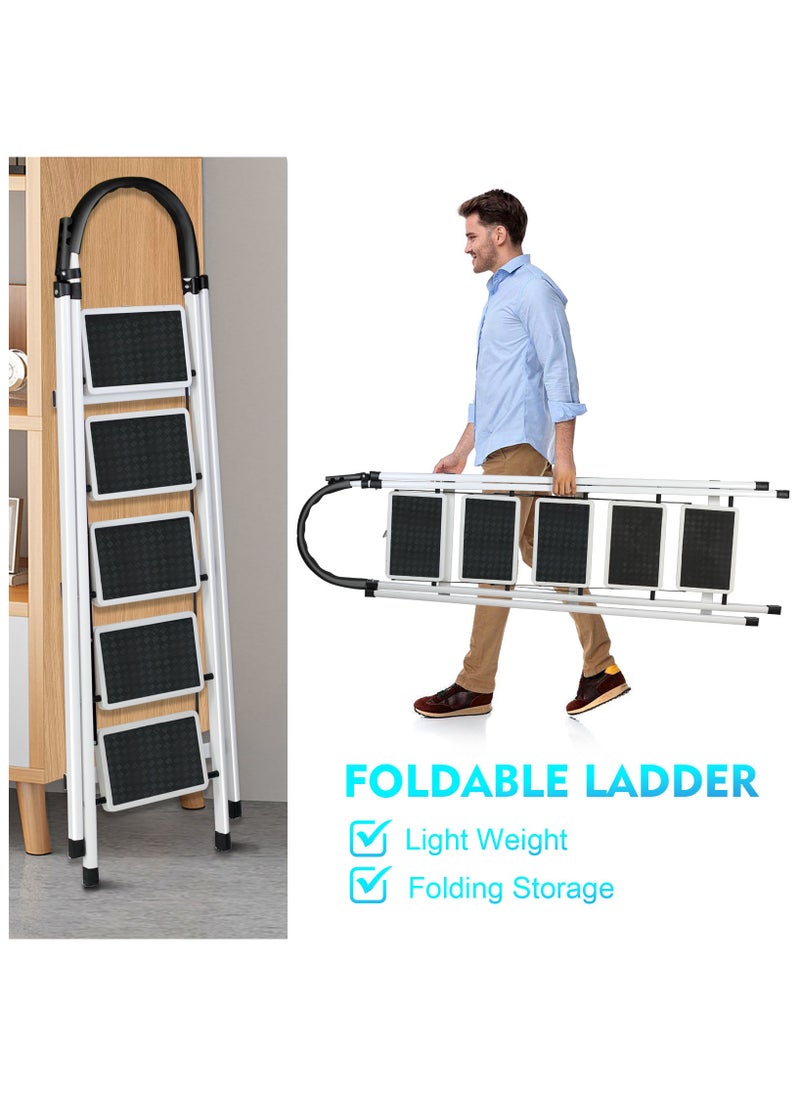 SKY-TOUCH - Foldable Ladder 5 Steps, Home Ladder Folding Step Stool with Wide Anti-Slip Pedal, and Adults Folding Sturdy Steel Ladder for Home,Kitchen, Garden, and Office White - Image 1