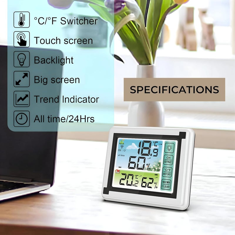 DeWire Wireless Weather Station with 1 Remote Sensor [Supports Upto 3] Digital Touch Screen Hygrometer Thermometer with Backlight, Indoor Outdoor Temperature Humidity Monitor (Weather-Station) - Image 3