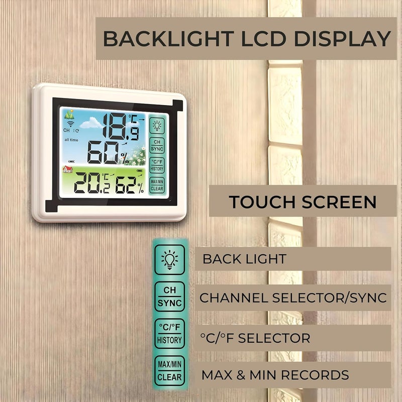 DeWire Wireless Weather Station with 1 Remote Sensor [Supports Upto 3] Digital Touch Screen Hygrometer Thermometer with Backlight, Indoor Outdoor Temperature Humidity Monitor (Weather-Station) - Image 4