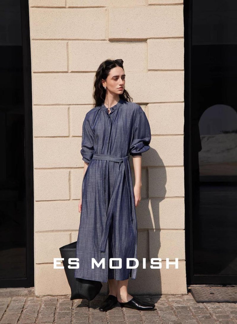 Saraia فستان ماكسي جينز أنيق للنساء من ES MODISH مع حزام - فستان طويل أنيق ومريح للمناسبات العادية والرسمية - Image 1