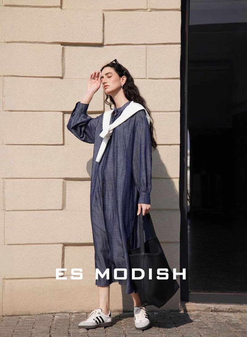 Saraia فستان ماكسي جينز أنيق للنساء من ES MODISH مع حزام - فستان طويل أنيق ومريح للمناسبات العادية والرسمية - Image 3