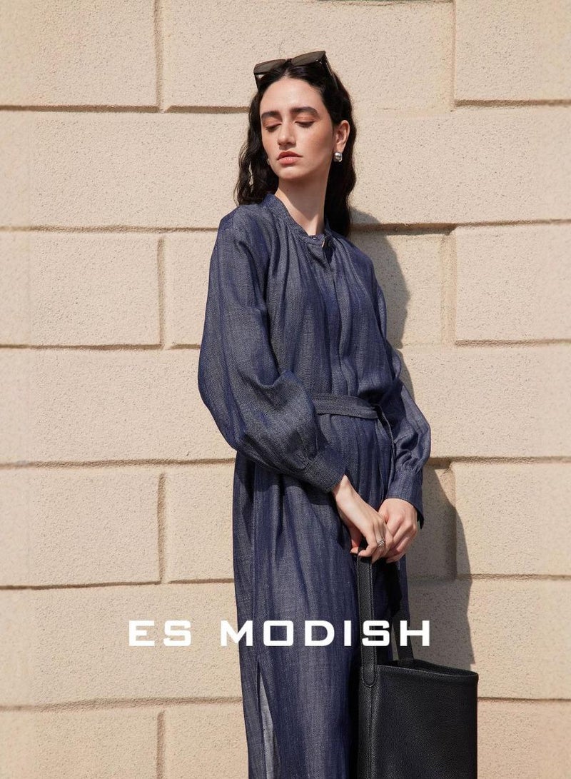 Saraia فستان ماكسي جينز أنيق للنساء من ES MODISH مع حزام - فستان طويل أنيق ومريح للمناسبات العادية والرسمية - Image 4