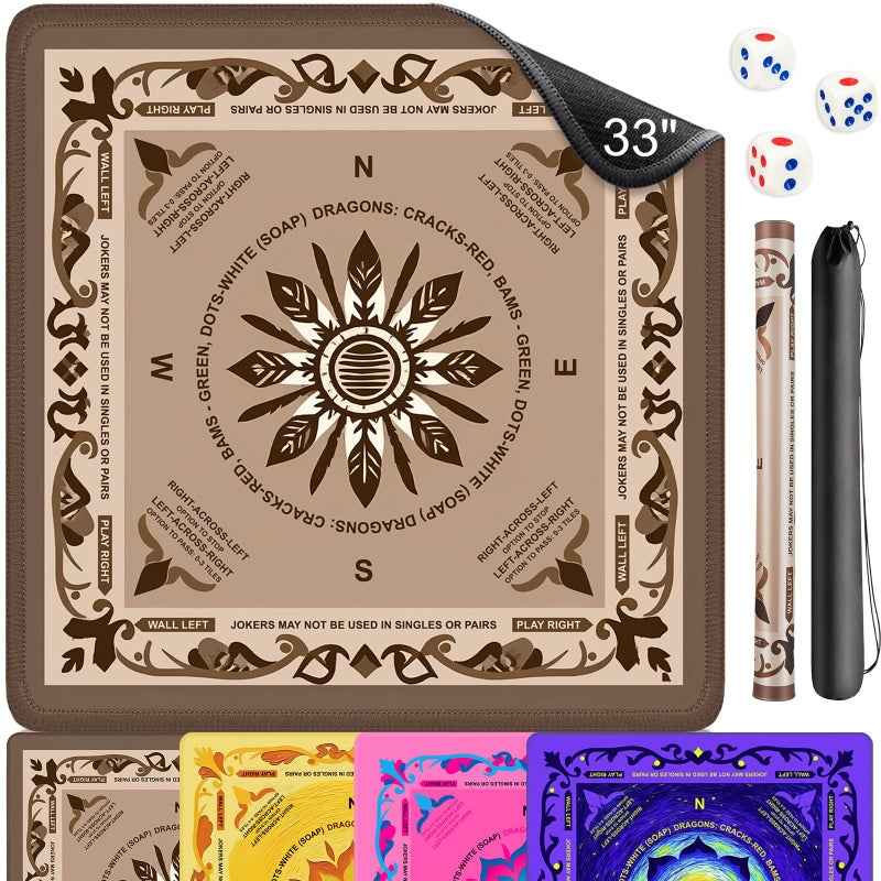 EVERSHOW Neoprene Mahjong Mat with Rules, 33x33 Inch Mahjong Mat for Table, Non-Slip Noise Reduction Mah Jongg Mat with Carrying Bag and 3 Dice for Poker, Card, Board, Tile Games, Dominoes (Brown) - Image 1