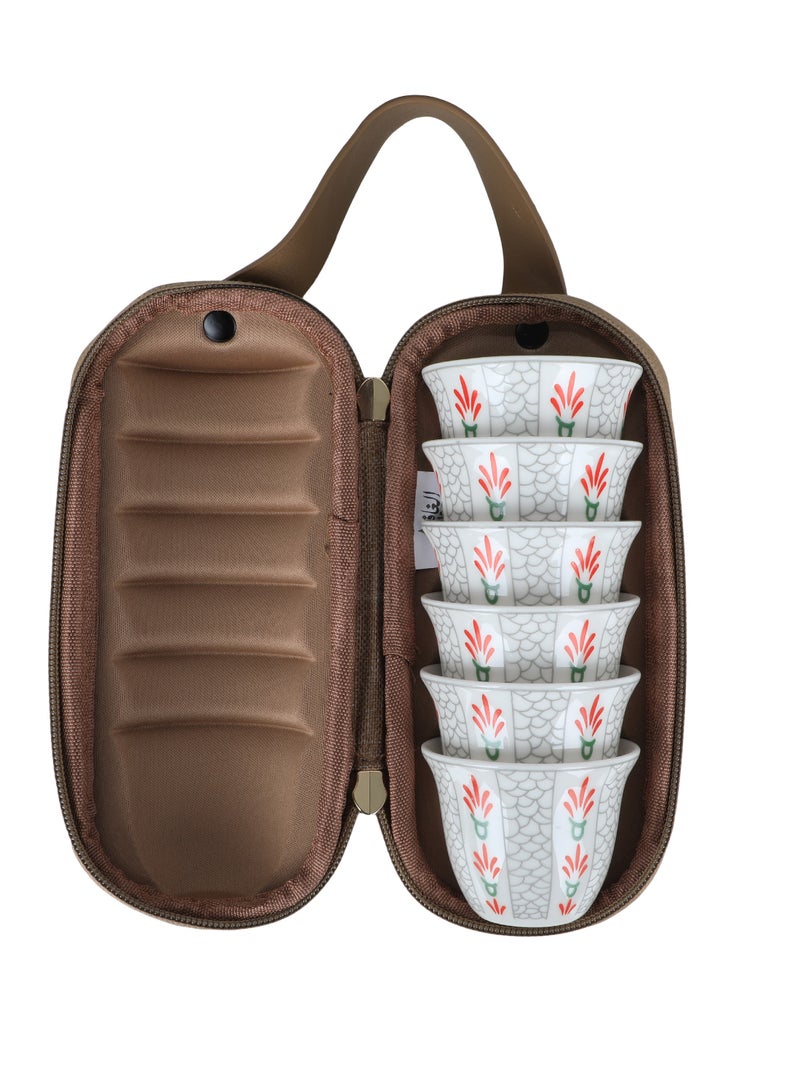 الغافة شنطة 6 فناجين قهوة بنقش وردة أبيض - 80 مل - حقيبة بنية - Image 1