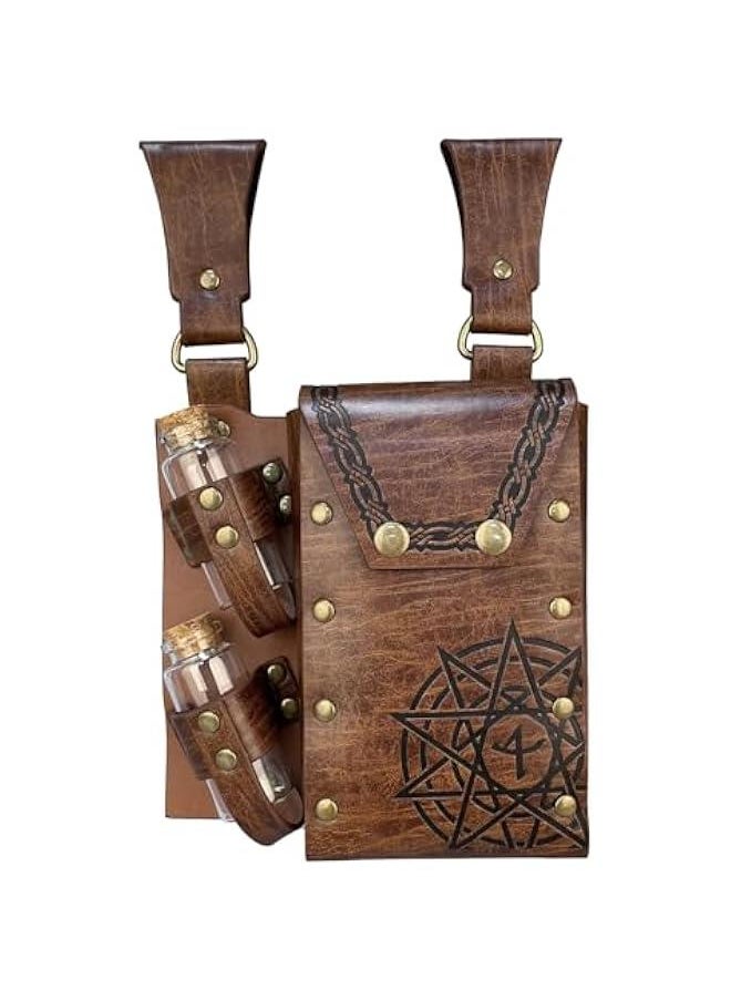 Generic - Medieval Alchemy Faux Leather Belt Bag with 2 Cork Potion Vials, Fantasy Wizard Waist Pouch Side Pack for Ren Faire (Light Brown B) - Image 1
