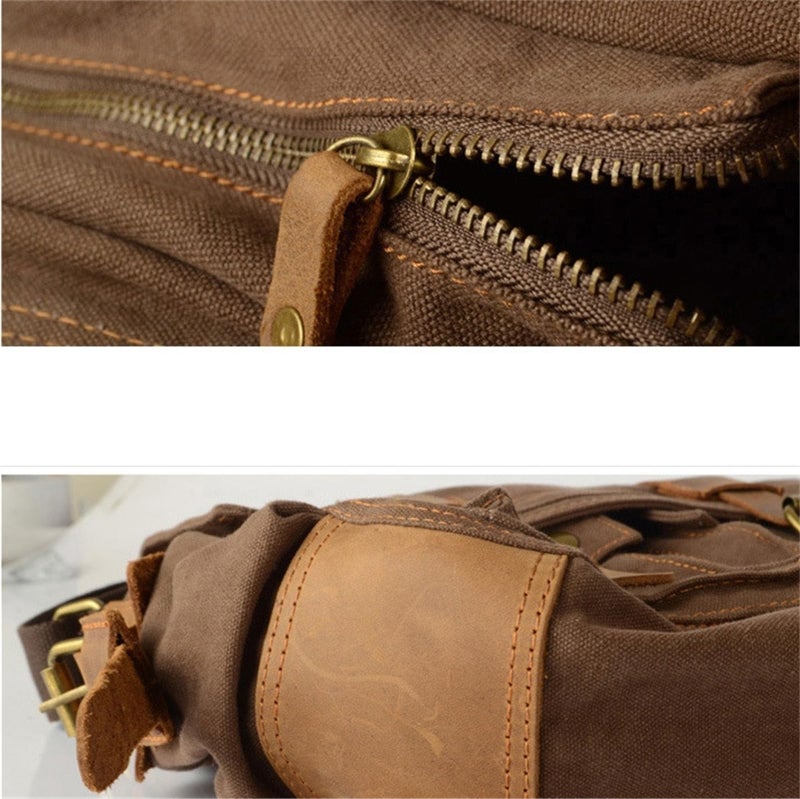 Canvas Messenger Bag, Vintage Genuine Leather Shoulder Bag, Large Crossbody Satchel Purse Laptop Bag - Image 4