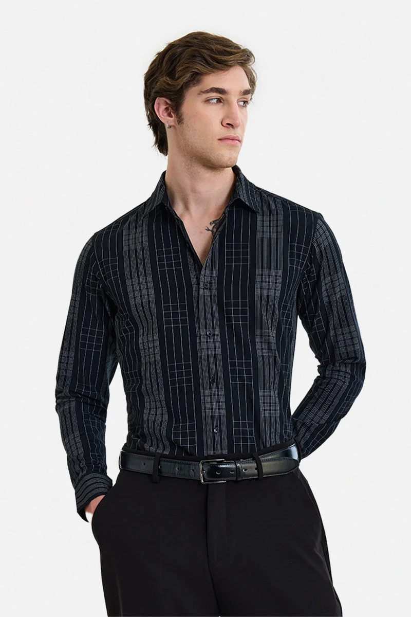 SNITCH Black Checkered Long Sleeve Slim Fit Formal Luxe Shirt