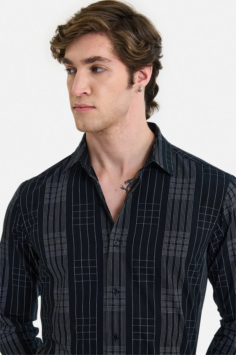 سنيتش Black Checkered Long Sleeve Slim Fit Formal Luxe Shirt