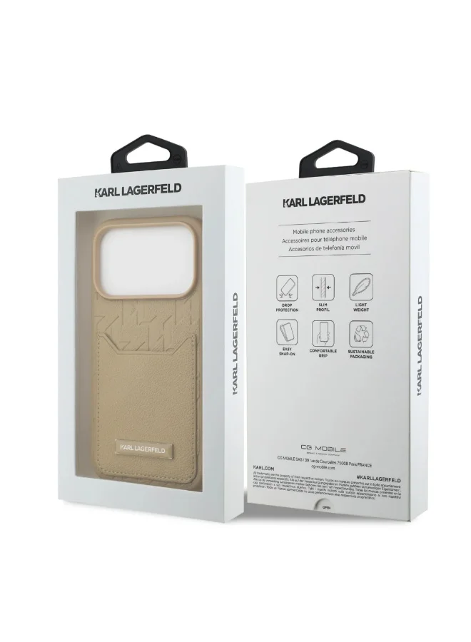 كارل لاغرفيلد جراب iPhone 17 Pro Max / غطاء خلفي من البولي يوريثان المحبب مع حامل بطاقات ونقشة مونوغرام - بني