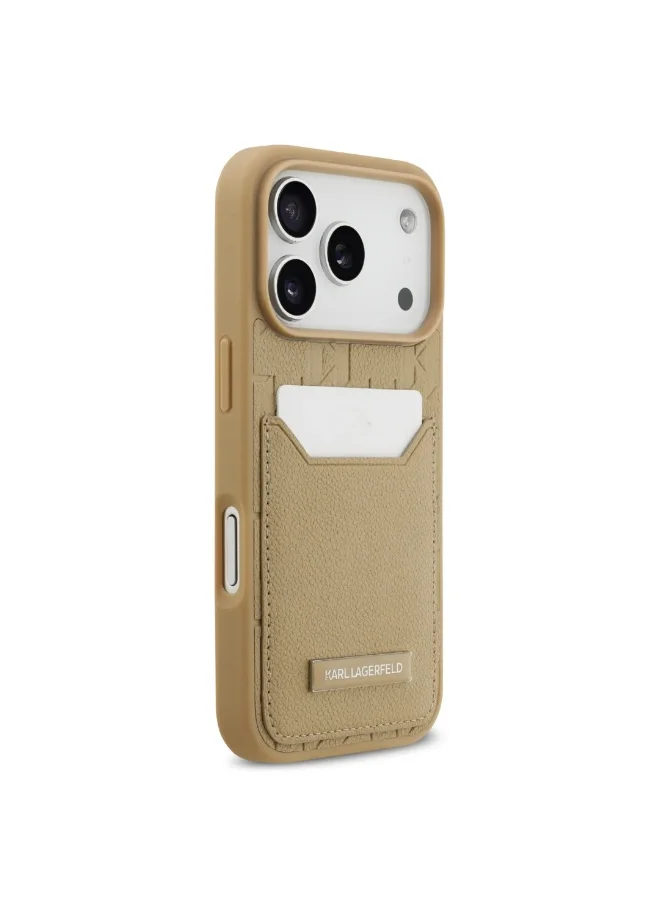 كارل لاغرفيلد جراب iPhone 17 Pro Max / غطاء خلفي من البولي يوريثان المحبب مع حامل بطاقات ونقشة مونوغرام - بني