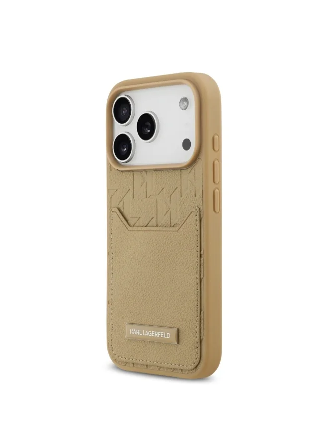 كارل لاغرفيلد جراب iPhone 17 Pro Max / غطاء خلفي من البولي يوريثان المحبب مع حامل بطاقات ونقشة مونوغرام - بني