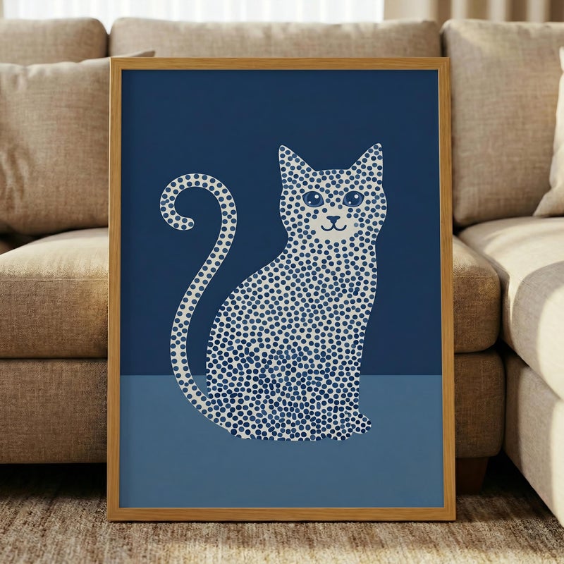 TNESSENTIAL Blue Polka Dot Cat – Abstract Pet Art Print, Navy Blue Wall Decor, Minimalist Animal Poster, Funky Cat Illustration, Mid Century Room Art - Image 5
