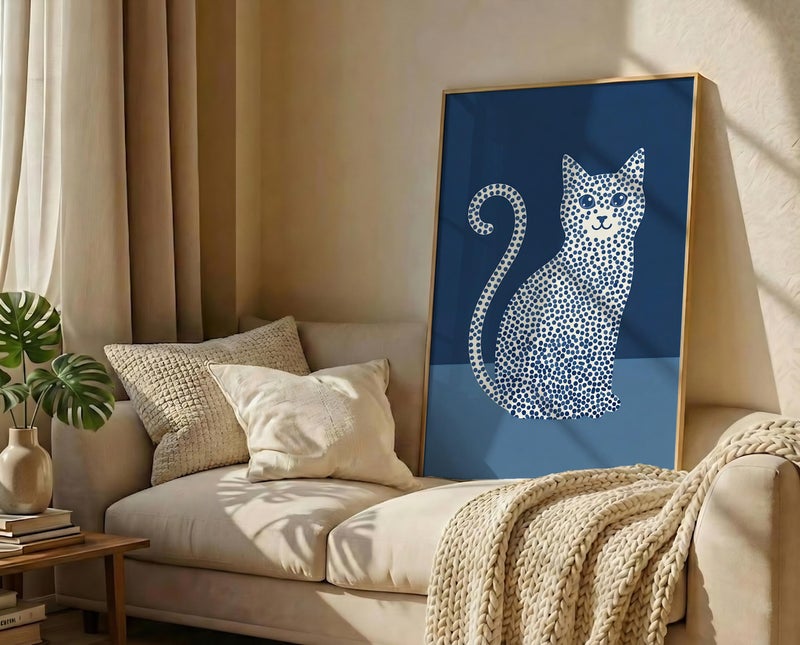TNESSENTIAL Blue Polka Dot Cat – Abstract Pet Art Print, Navy Blue Wall Decor, Minimalist Animal Poster, Funky Cat Illustration, Mid Century Room Art - Image 3