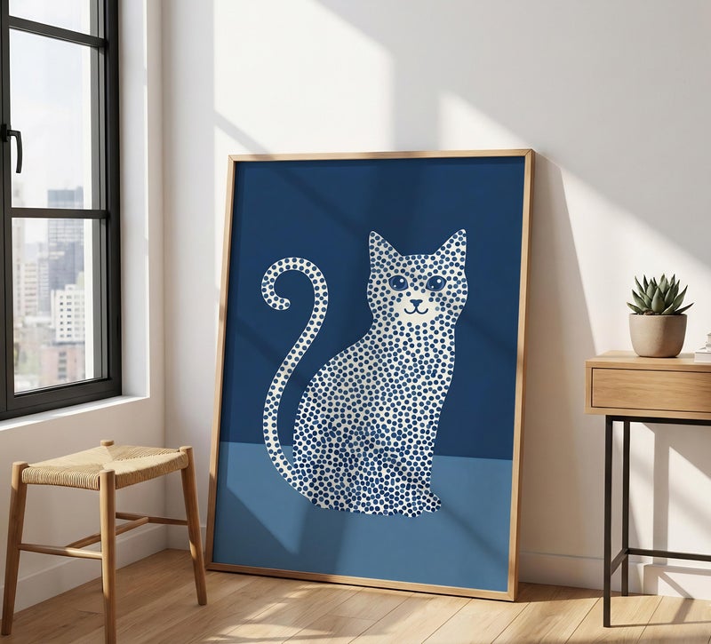 TNESSENTIAL Blue Polka Dot Cat – Abstract Pet Art Print, Navy Blue Wall Decor, Minimalist Animal Poster, Funky Cat Illustration, Mid Century Room Art - Image 4