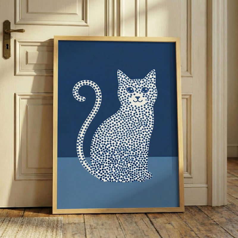 TNESSENTIAL Blue Polka Dot Cat – Abstract Pet Art Print, Navy Blue Wall Decor, Minimalist Animal Poster, Funky Cat Illustration, Mid Century Room Art - Image 1