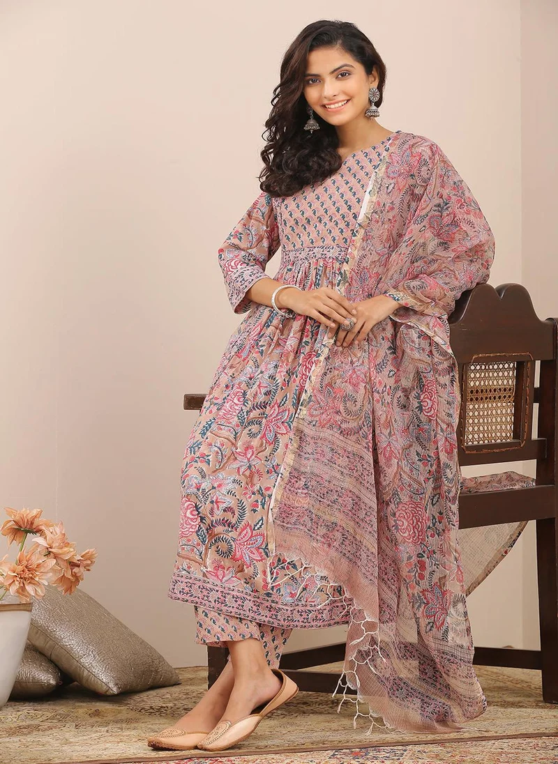 ZERESOUQ Taupe Floral Hand Block Printed Kota Doria Dupatta