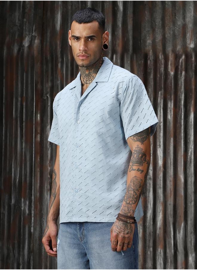 HIGH STAR Men Relaxed Resort Collar Textured Shiffli Cotton Casual Shirt  - Image 3