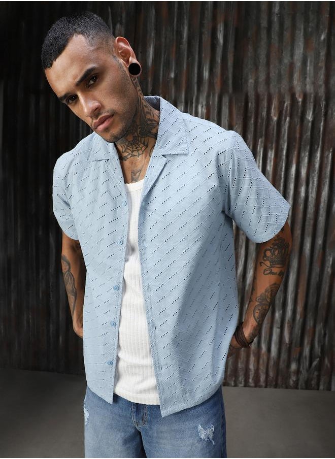HIGH STAR Men Relaxed Resort Collar Textured Shiffli Cotton Casual Shirt  - Image 1