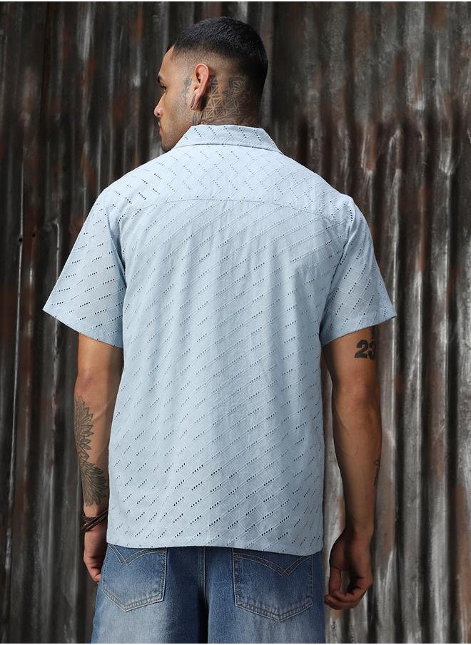 HIGH STAR Men Relaxed Resort Collar Textured Shiffli Cotton Casual Shirt  - Image 5