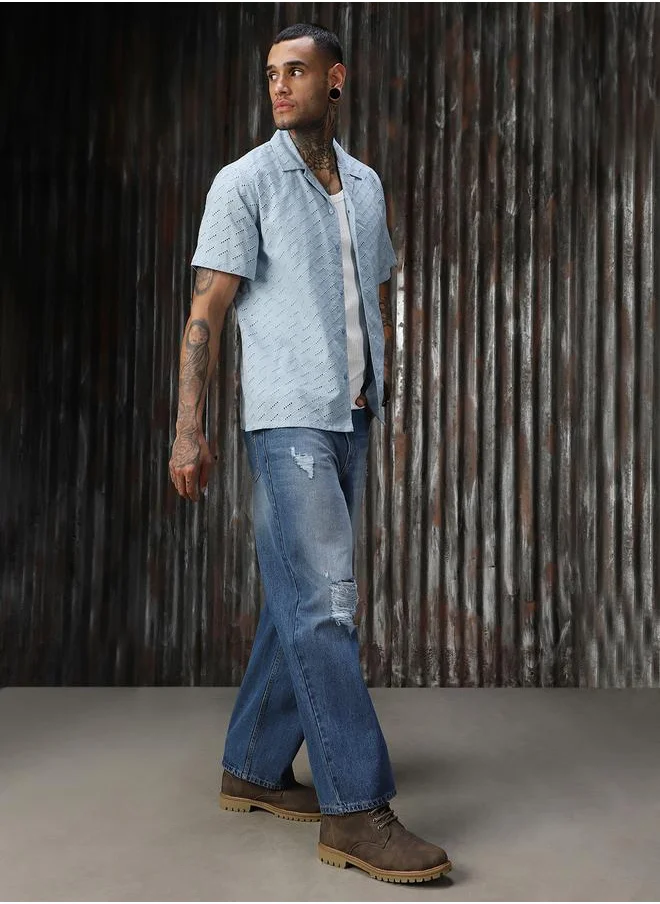 هاي ستار Men Relaxed Resort Collar Textured Shiffli Cotton Casual Shirt
