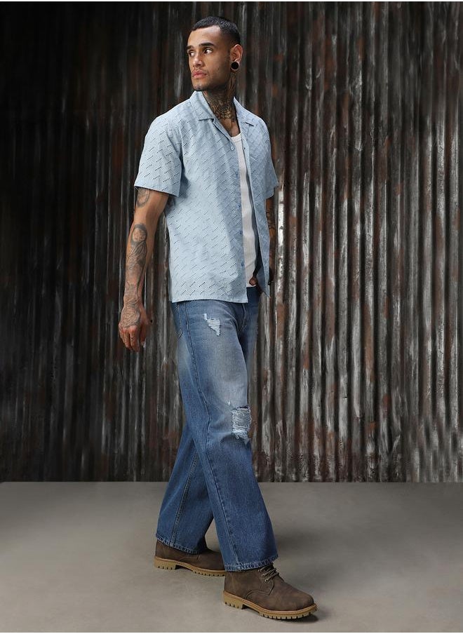 HIGH STAR Men Relaxed Resort Collar Textured Shiffli Cotton Casual Shirt  - Image 2