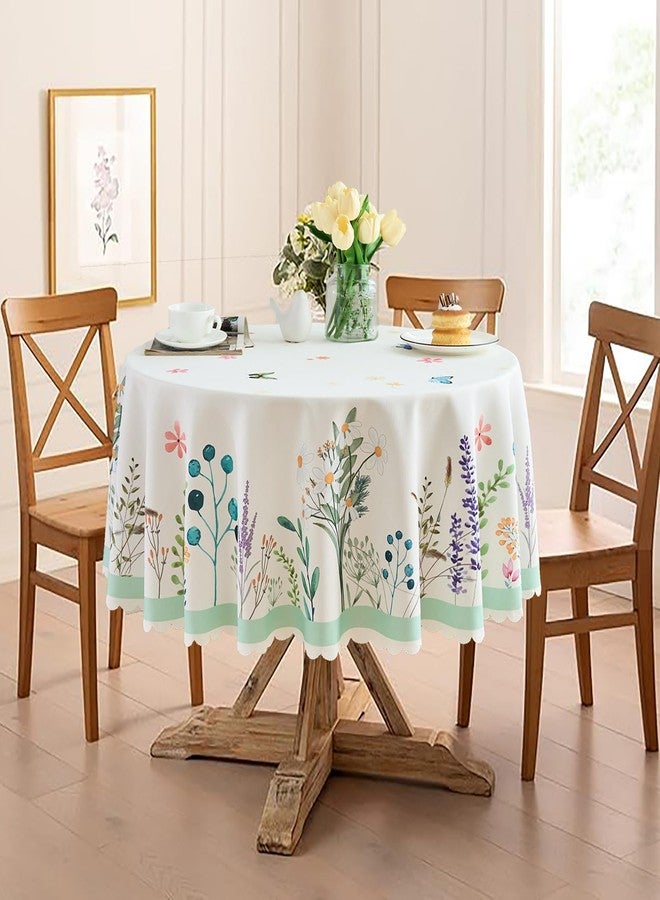 EFFICINATURE Round Tablecloth 60 Inch Floral Table Cloth Scalloped Edge Silky Soft Light Fabric Waterproof Wrinkle Free Washable Table Cover for Kitchen Dinning Outdoor Birthday Patio Party Decoration (White) - Image 1