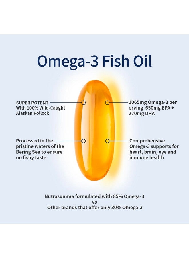 Nutrasumma Nutrasumma High Purified Omega 3 Supplement Wild Alaskan Fish Oil Burpless & No Fishy Taste, 650mg EPA &270mg DHA of 1250mg Fish Oil softgels, Gluten Free, Heart, Brain& Immune Support, 60 Servings  - Image 5