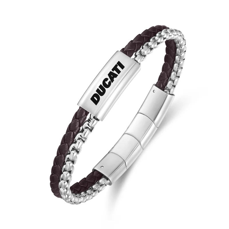Ducati Drifter Brown Leather with Silver Chain Bracelet for Men
