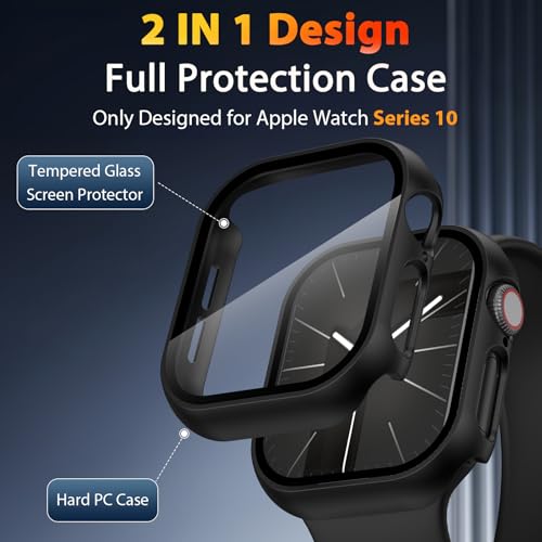 EWUONU 2 Pack Hard Case for Apple Watch Series 11 (2025) Series 10 42mm Screen Protector, Tempered Glass Bumper Anti-Scratch HD Ultra-Thin Protective Face Cover for iWatch Series 11/10 42mm, Black - Image 2