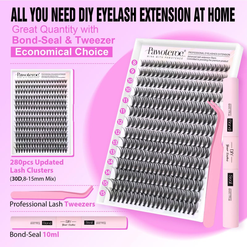 Pawotence Lash Extension Kit DIY 280pcs Individual Lash Clusters Kit 30D Natural 8-15mm Cluster Eyelash Extensions Kit with Lash Bond and Seal, Lash Tweezers for Self Use (30D, 0.07D, 8-15mm, Kit) - Image 2