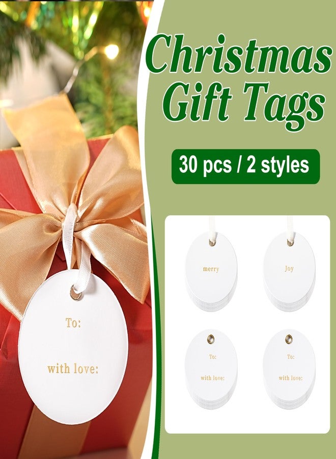 Lortarl Christmas Gift Tags - Premium Round Gift Tags Gold Foil, “Merry”, “Joy”, “to” and “with Love”, Set of 30 with Satin Ribbon, 2.5'' x 2.5'' - Image 2