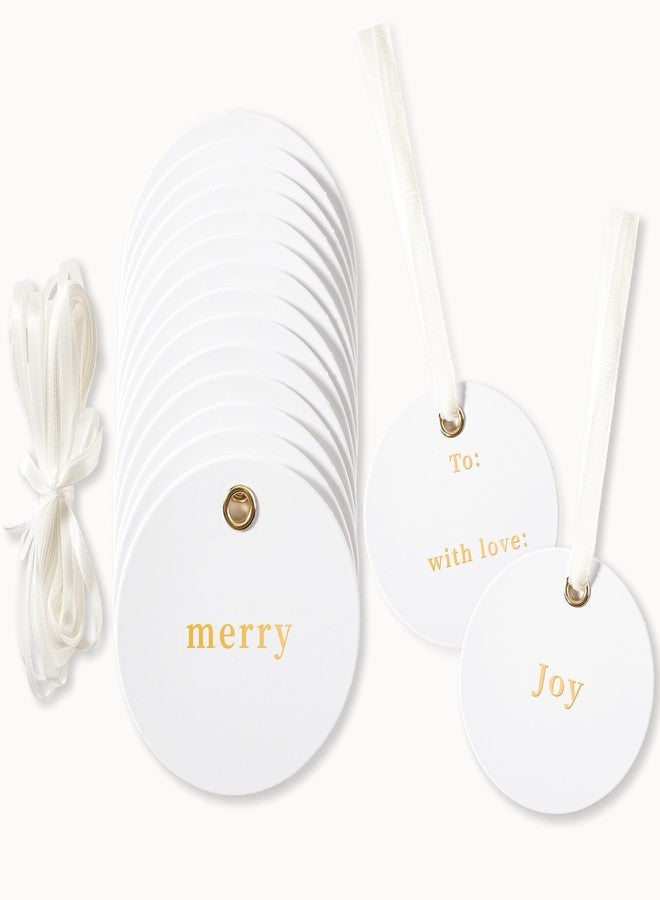 Lortarl Christmas Gift Tags - Premium Round Gift Tags Gold Foil, “Merry”, “Joy”, “to” and “with Love”, Set of 30 with Satin Ribbon, 2.5'' x 2.5'' - Image 1