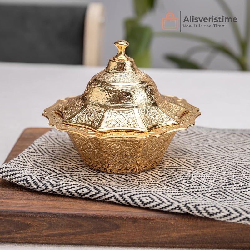 Alisveristime وعاء تقديم الحلوى والشوكولاتة والسكر المصنوع يدويًا من النحاس المطلي من Alisveristime مع غطاء، وعاء ملح، حاوية ملح، حامل سكر لبار القهوة (ذهبي) - Image 2