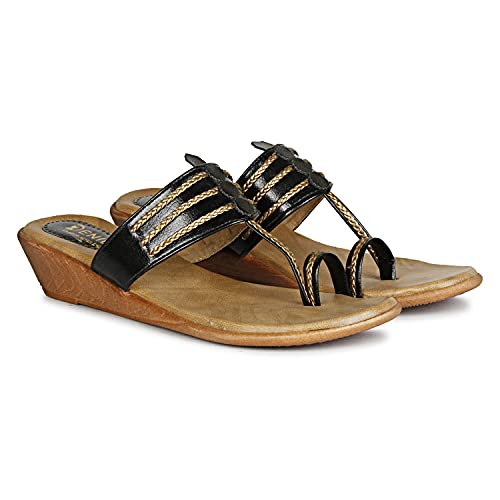 Denill Women Toe Ring Wedge Flats Slippers, Black, Size_6 - Image 5